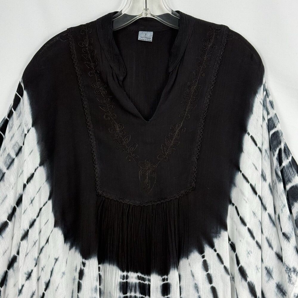 Vtg Black Batik Embroidered Bohemian Hippie Caftan Tunic Top OS - Picture 5 of 15